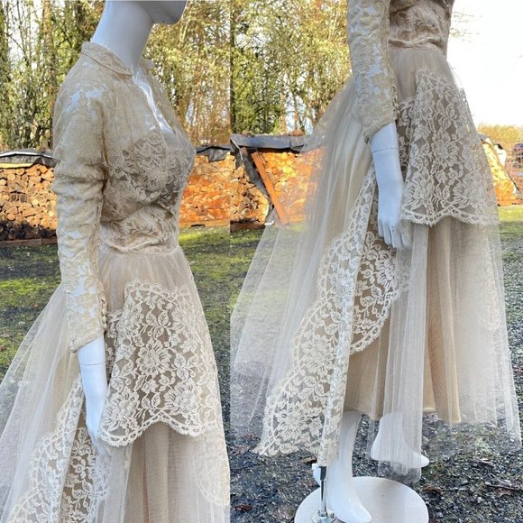Vintage 1950’s Champagne Tulle Wedding Dress Shelf Bust Lace Bolero XXS - Picture 3 of 7